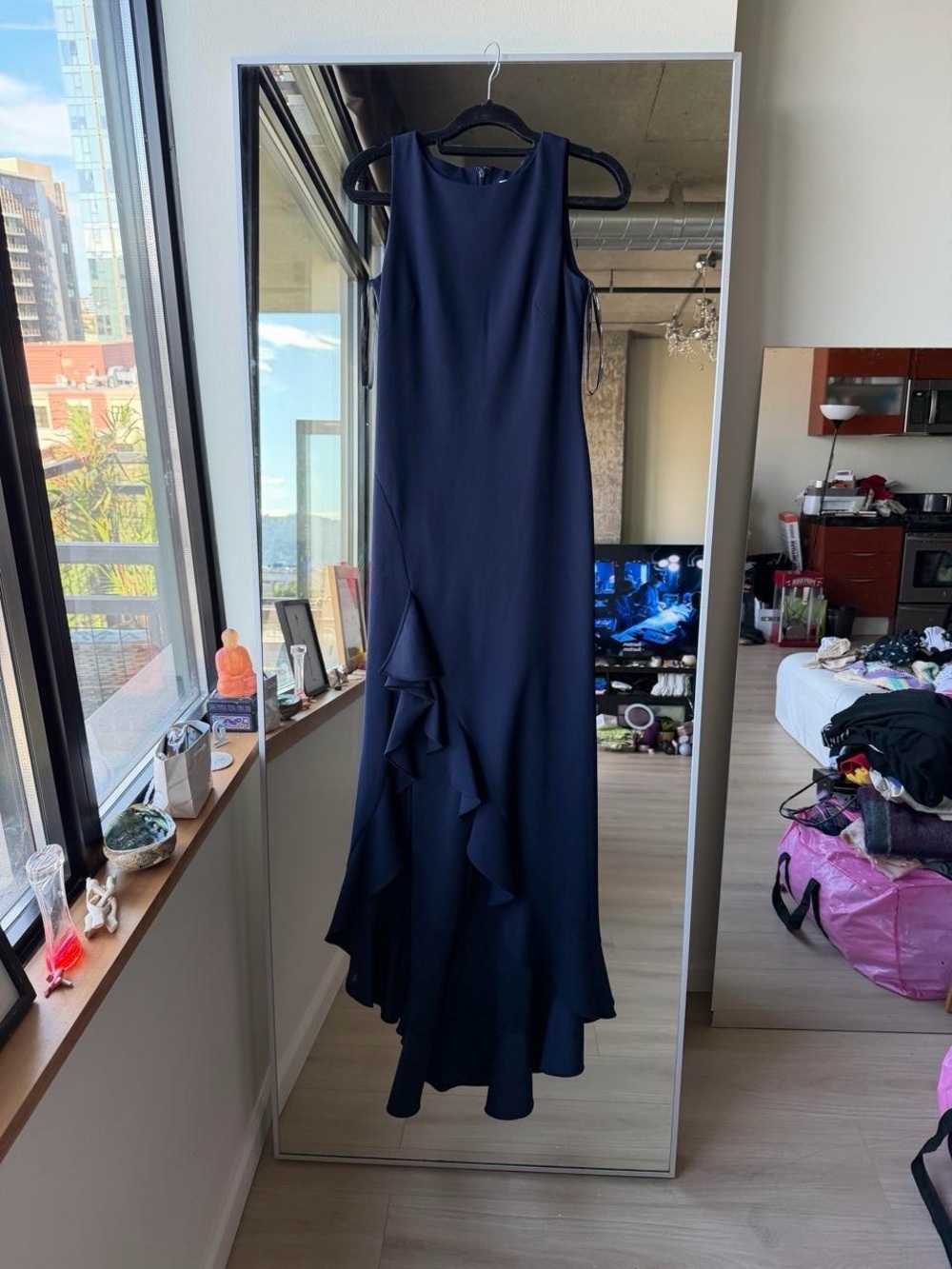 Calvin Klein Blue Sleeveless Mermaid Gown with Front Ruffle Slit - Picture 5 of 7